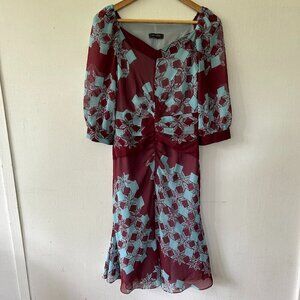 MARYLING Dress Womens Medium Blue Brown V-neck 3/4 Sleeves NWT Feminine